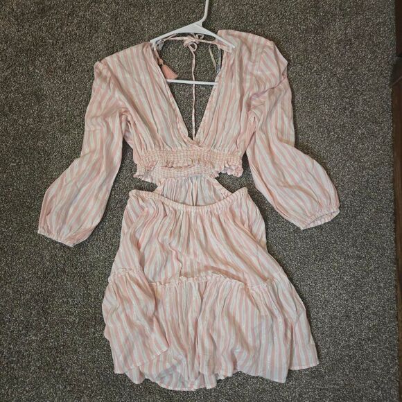 Women's Vacation Beach Pink Stripe Cut Out Exposed Mid Drift Flowy Dress Small - Picture 1 of 5